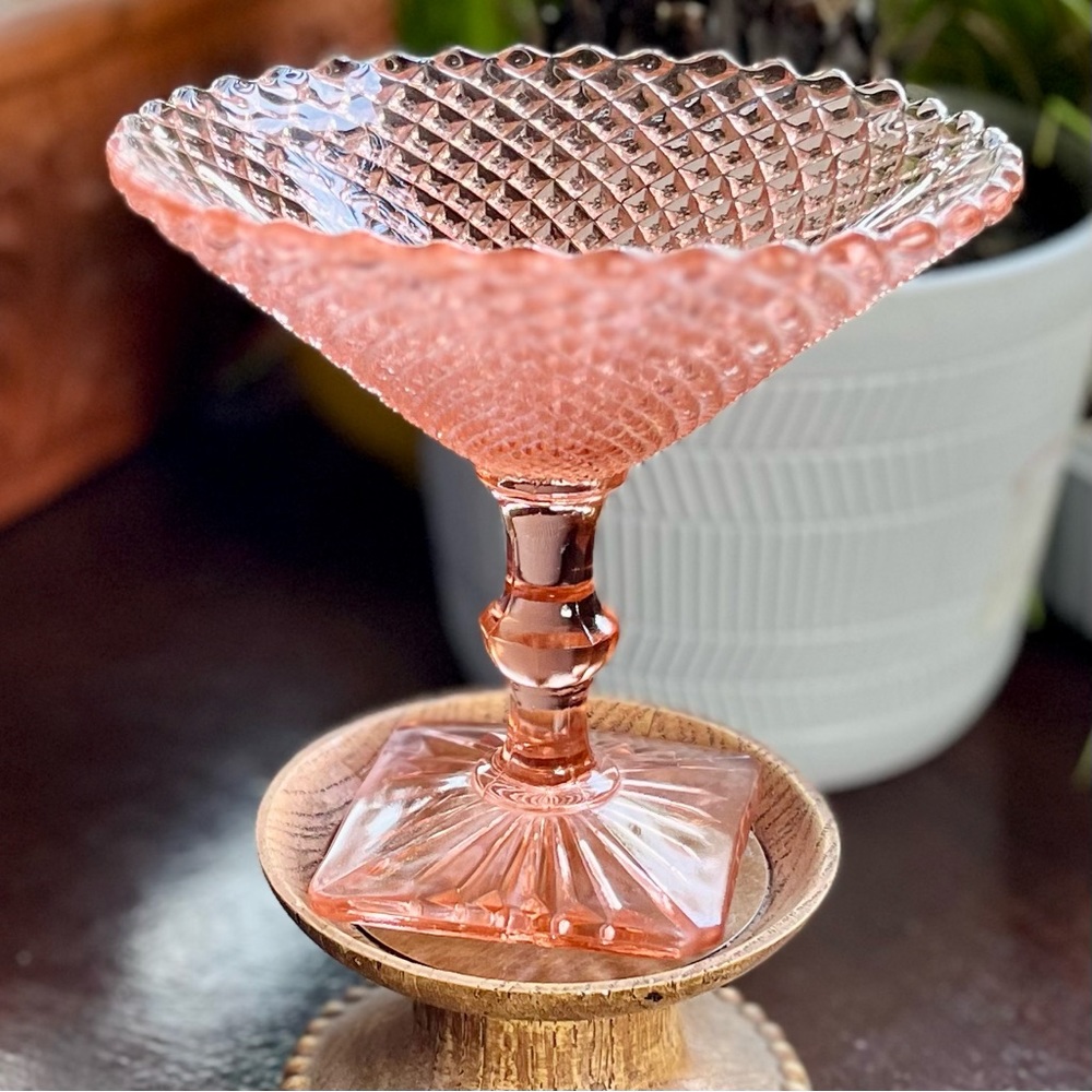 Vintage 'Miss America Pink' Strawberry Diamond Point Compote by Anchor Hocking